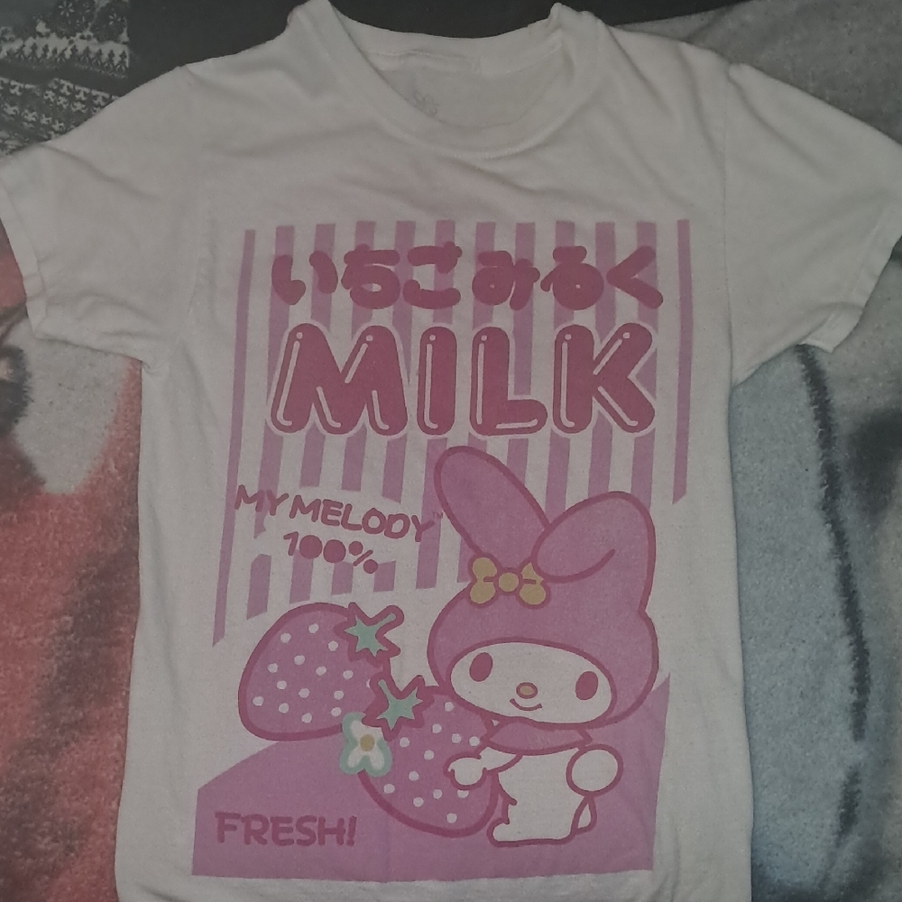 Sanrio My Melody Strawberry Milk T-Shirt - Pink & White